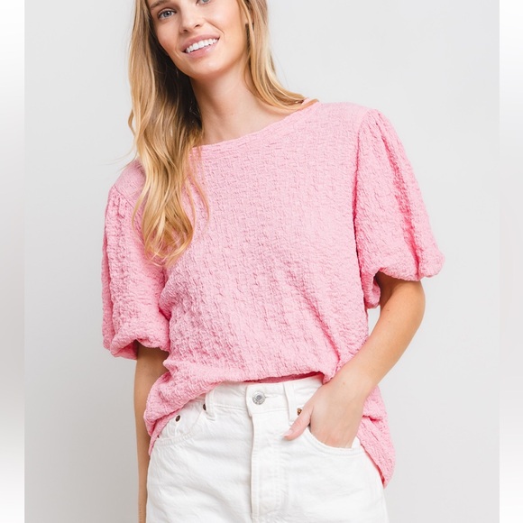 ShopEvelynne Tops - 10 Solid Textured Puff Sleeve Blouse Top